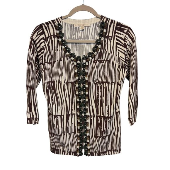 Boston Proper Beaded Brown White Animal Print Cardigan - Picture 3 of 13